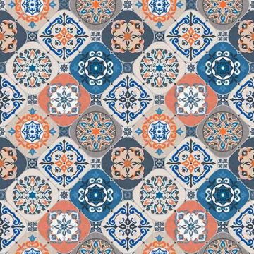 Tafelzeil - Blue/White/Orange Tiles