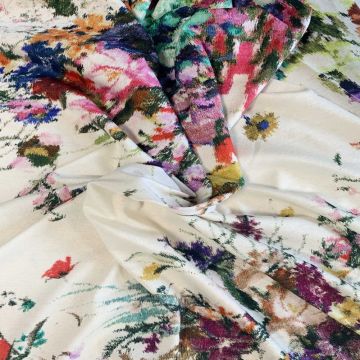 Viscose Tricot PANEEL - Multicolor Bouquet of Flowers on Off White