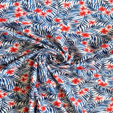 Lycra - Red Tiny Flowers and Blue Palmleaves on White