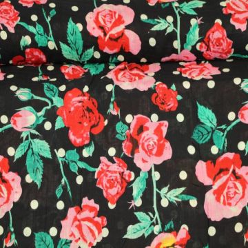 Cotton Viscose - Dots and Roses on Navy