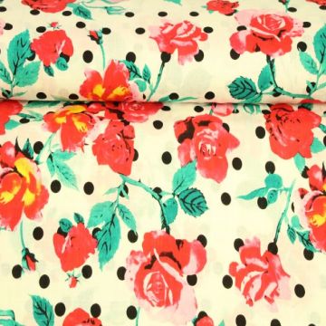 Cotton Viscose - Dots and Roses on Offwhite