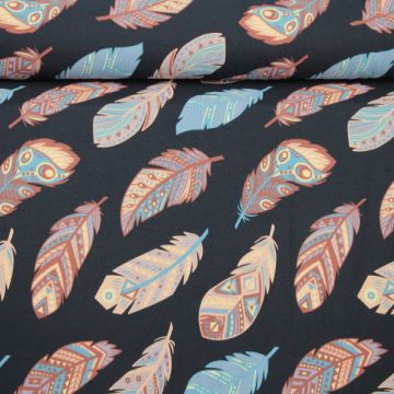 Katoenen Tricot - Aztec Feathers Navy