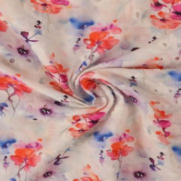 Broderie Katoen Print - Purple/Pink/Orange Flowers on White