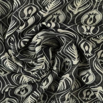 Chiffon - Off White Graphic Flowers on Black 