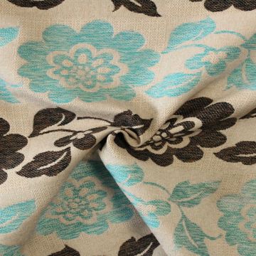 Jacquard Gobelin - Big Brown and Blue Flowers on Beige