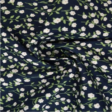 Katoen - Petit White/Green flowers on Navy