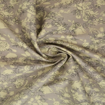 Katoen - Beige Flower Branches on Taupe