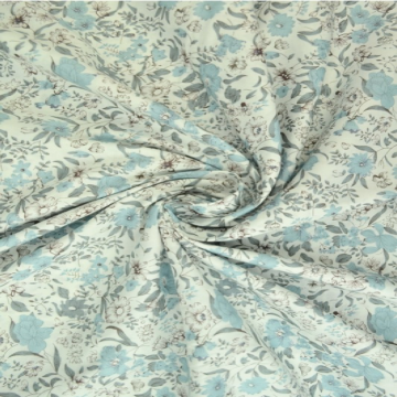 Katoen - Light Blue/Grey Flowers on White