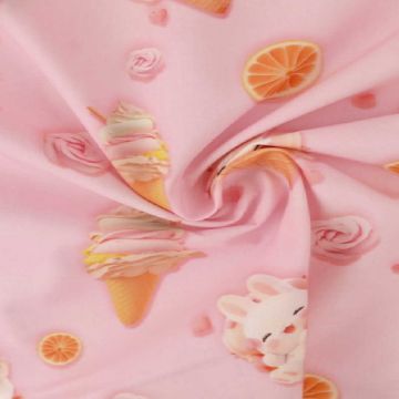 Katoen - Bunnies and Ice Cream on Pink