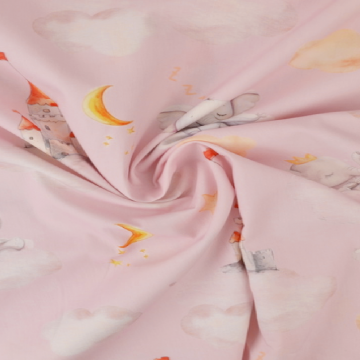 Katoen - Dreamy elephant and Castles on Pink