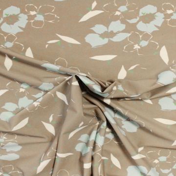 Lycra Tricot - Aqua Flowers on Taupe/Grey