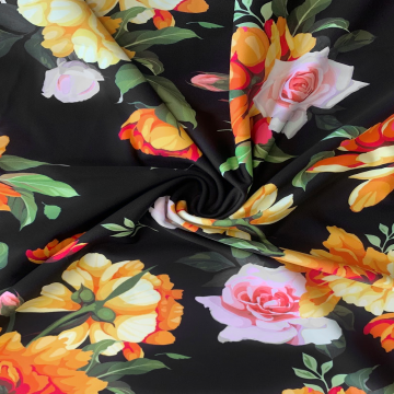 Lycra - Yellow/Orange/Pink Roses on Black