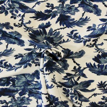 Lycra - Dark Blue/Black Leaves and Flowers on White