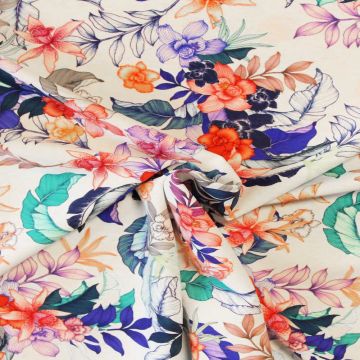 Lycra - Multicolored Flowers and Leaves on White