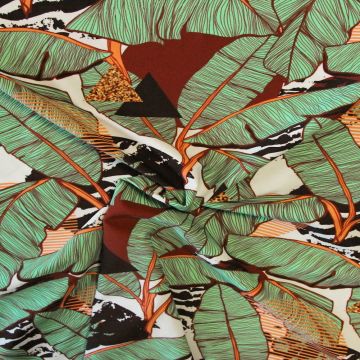 Lycra - Green Banana Leaves on White 