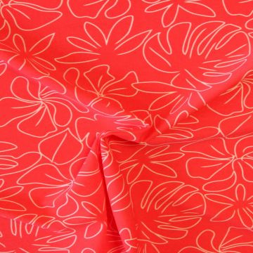 Lycra - Drawn White Flowers on Bright Coral