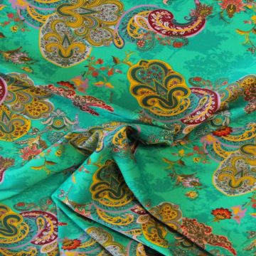 Lycra - Ocher Paisley on Turquoise Green
