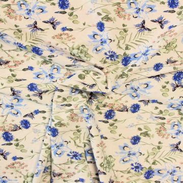 Lycra - Blue Spring Flowers and Butterflies on White