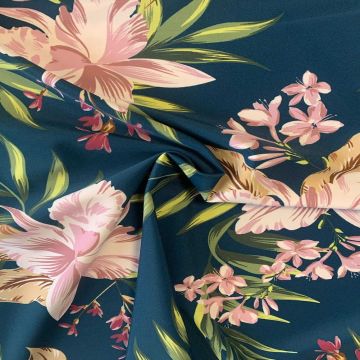 Lycra - Pink/Bordeaux Flowers and Palmleaves on Navy