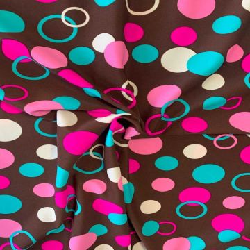 Lycra - Turquoise/Pink Circles on Brown