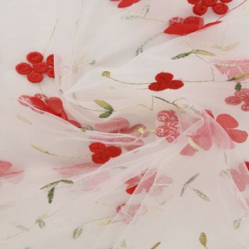 Mesh - Red Embroidery Floral on White - 10