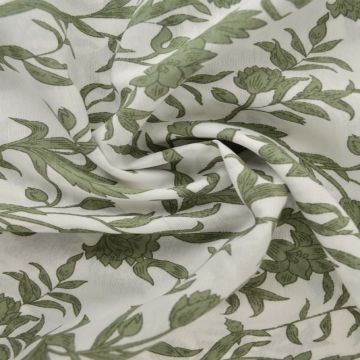 Viscose Fashion - Olive green flowers on white