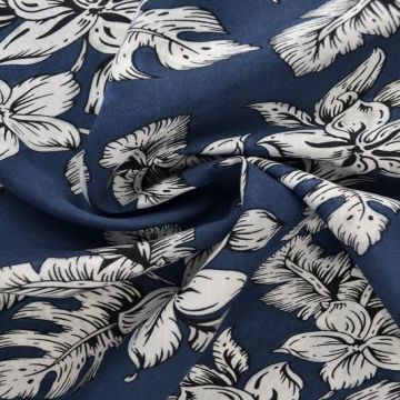 Viscose Fashion - white tropical flowers and leaves on dark blue