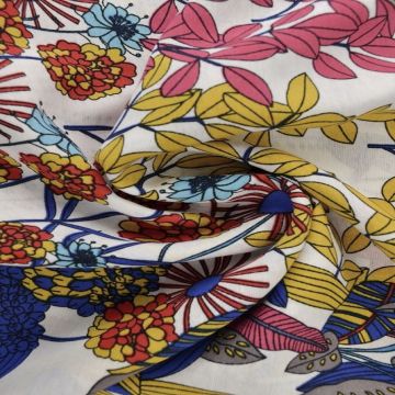 Viscose Fashion - growing flowers and trees blue/yellow/coral on White