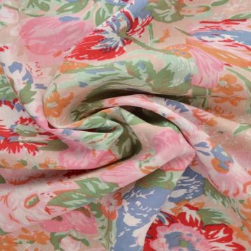 Viscose Fashion - Spring flowers pink/red/green on beige