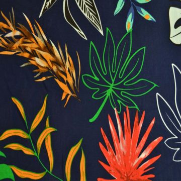 Viscose - Navy Leafs