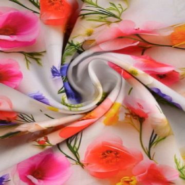 Viscose - Purple/Pink Real Spring Flowers on White
