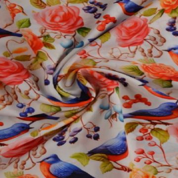 Viscose - The Birds, Berries and Roses on White