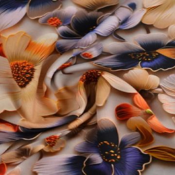 Viscose - Digital Blue/Beige Paint Brush Flowers on Grey