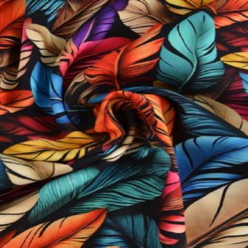 Viscose - Digital Multicolor Feathers on Black