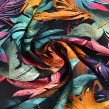 Viscose - Digital Multicolor Leaves on Black