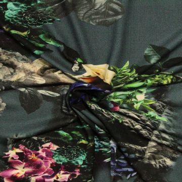 Viscose Tricot - Flower Bouquet on Dark Petrol