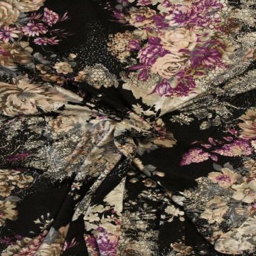 Viscose Tricot - Beige and Cassis Flowers on black