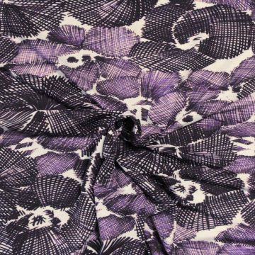 Viscose Tricot - Purple Scratched Flowers on White