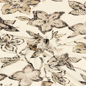 Viscose Tricot - Camel/Taupe Flowers on Bright White 