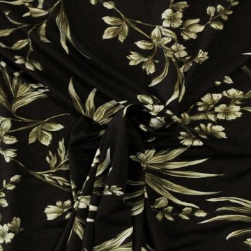 Viscose tricot - Green/White Tropical Leaves and Flowers on Black