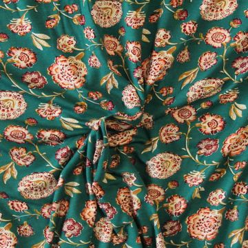 Viscose tricot - Red/Pink Flowers on Emerald Green