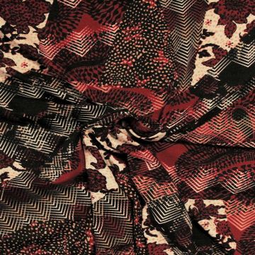 Viscose tricot - Stripes and Roses on Black/Beige/Red