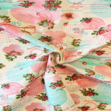 Katoen Canvas - Retro Roses on White/Pink/Turquoise