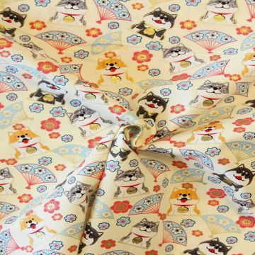 Katoen Canvas - Dogs in Japan Gold Touche on Vanilla