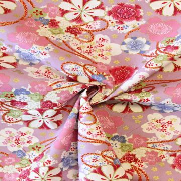 Katoen Canvas - Colorfull Flowers with Gold on Lilac