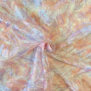 Mesh - Embroidery Feathers - Light Peach/White 