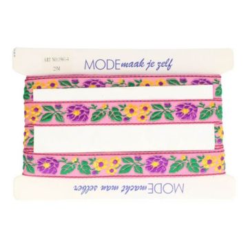 Sierband Purple/Yellow Flowers on Pink - 32 mm