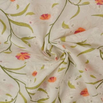 Broderie Katoen Print - Fuchsia/Orange Flowers on White