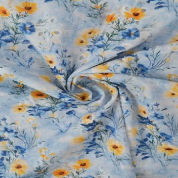Broderie Katoen Print - Blue and Yellow Flowers on Blue