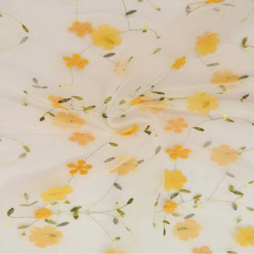 Mesh - Yellow Embroidery Floral on White - 03